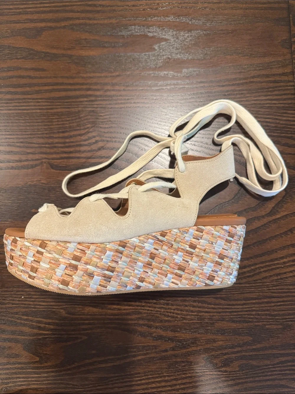 See By Chloé Cream Suede Lace-Up Woven Platform Sandals